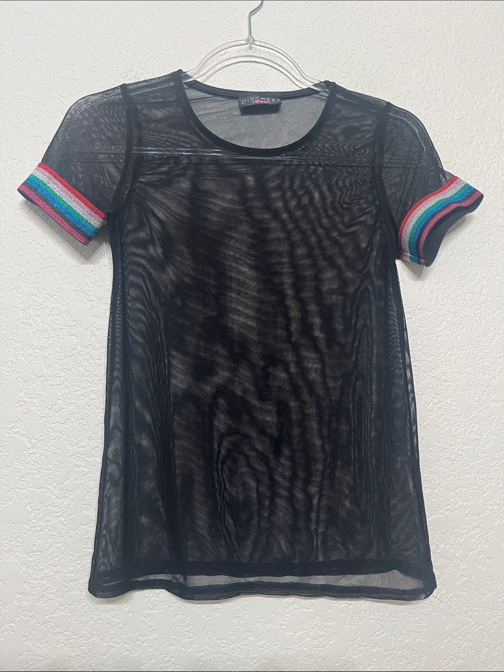 Discreet Women’s Small Black Sheer Short Sleeve Top with Rainbow Stripe Cuffs